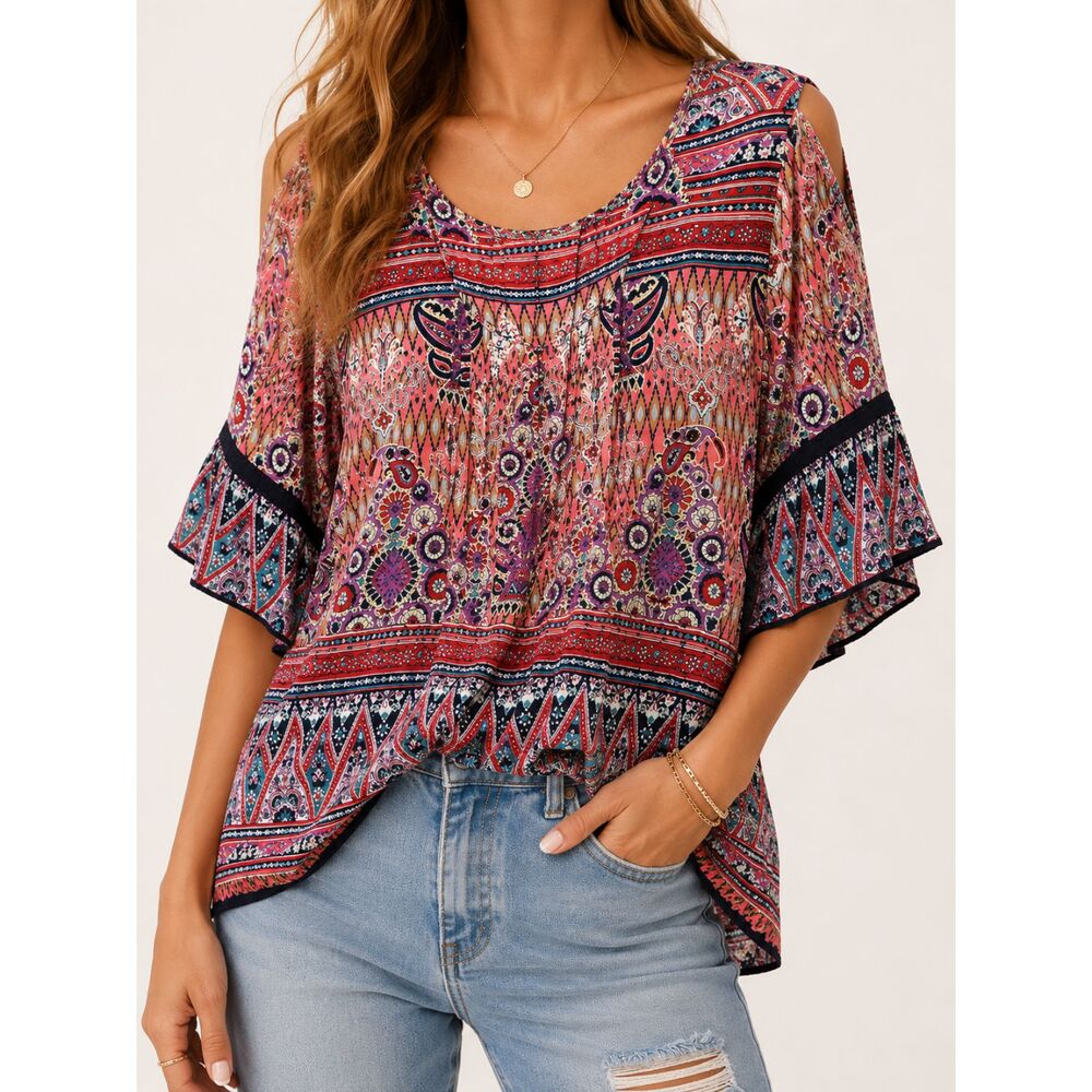 Bila XXL 100% Rayon Cold Shoulder Paisley Peasant Blouse Boho Festival Top